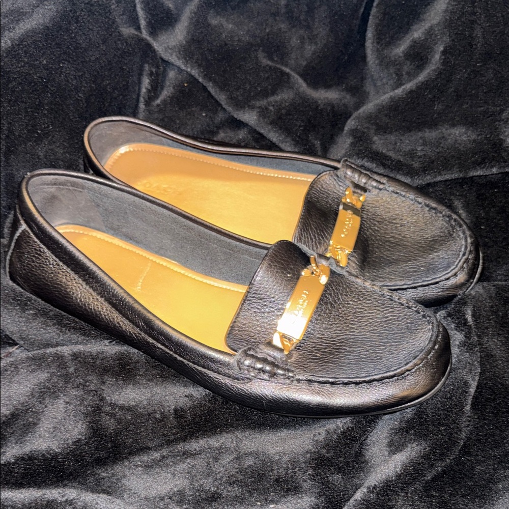 Coach Black Pebble Leather Women's Loafers with Gold Hardware - Picture 2 of 14